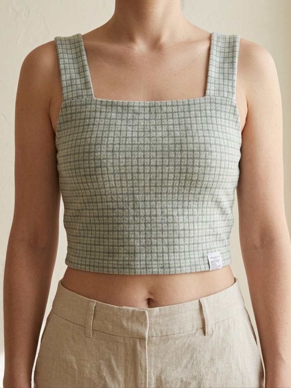 American Eagle Sage Green White Plaid Square-Neck Cropped Tank Top